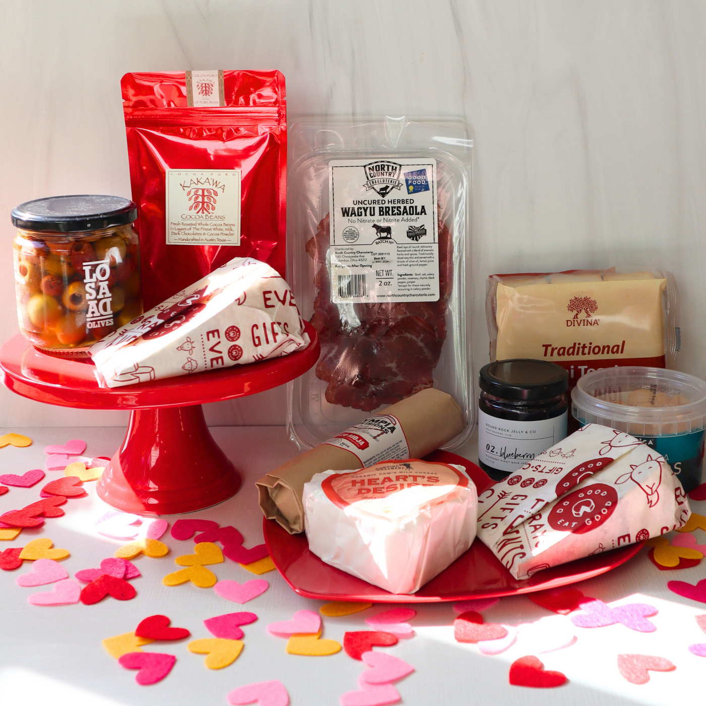 picture of three cheeses and pairings for valentine's day