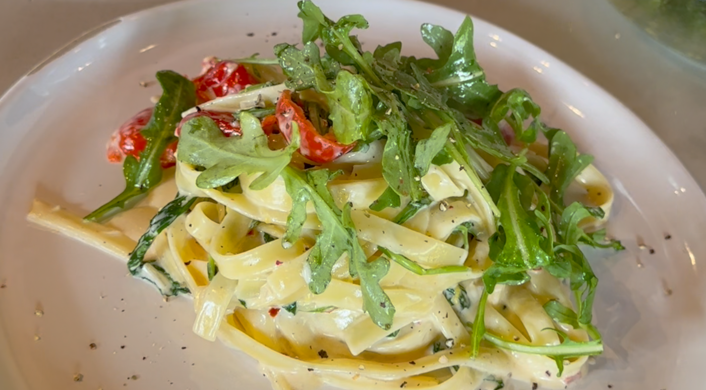 Creamy Fettuccine with Chabrin, Peppadews, and Arugula