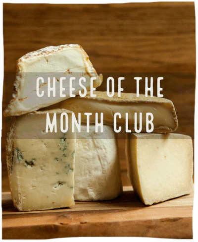 Cheese of the month club image of 4 cheeses stacked next to each other