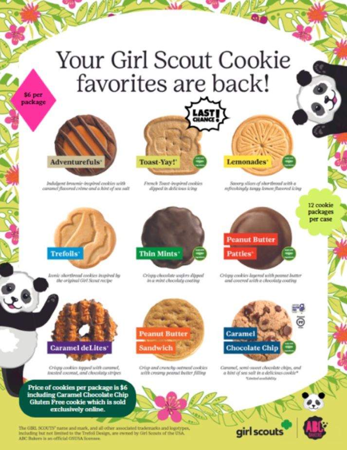 Girl Scout cookie variety display with panda theme and pricing details.