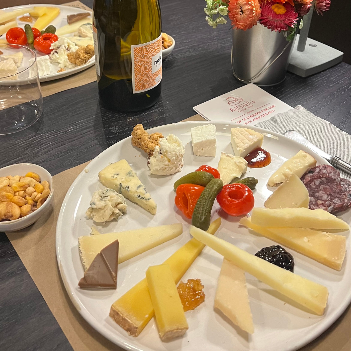 Plate of 15 cheeses and pairings for top 15 tasting