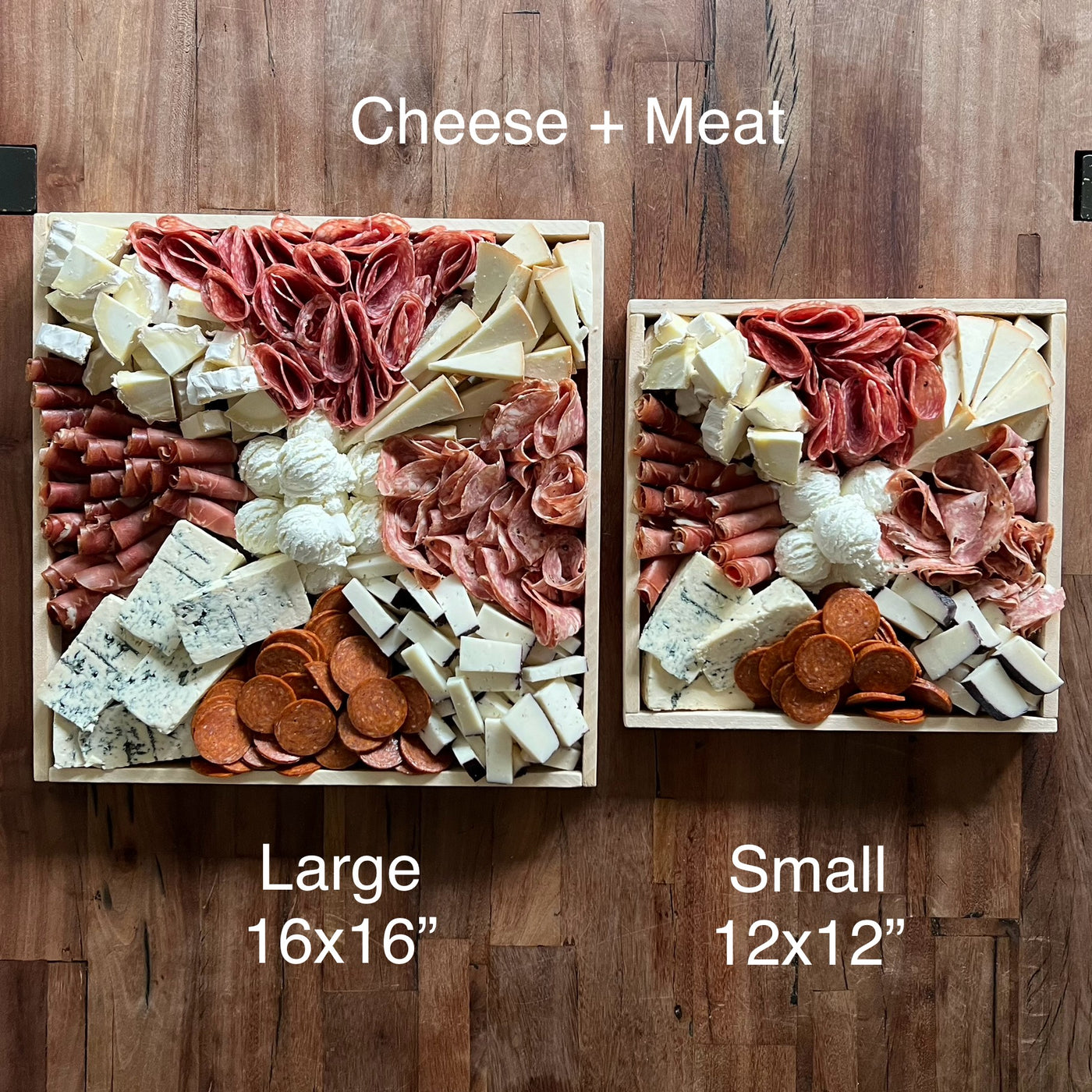 Side by side comparison of both sizes of our Cheese & meat Tray