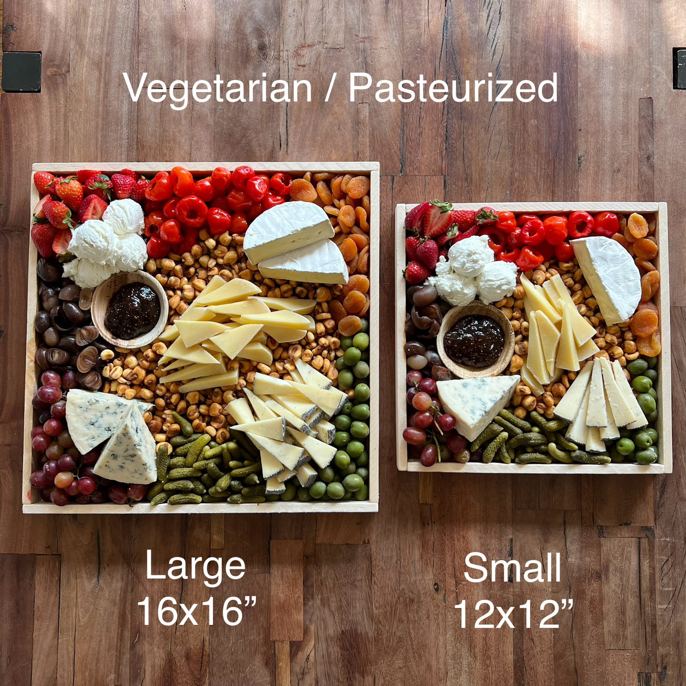 side by side comparison of large and small vegetarian cheese board