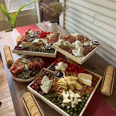 side view of the large grazing table showing the different heights of the boards