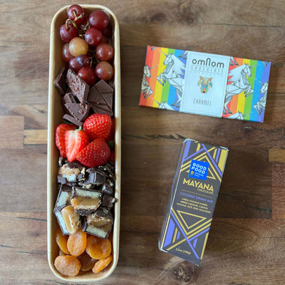 image of dessert tray with two choclate bars next to it