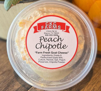 PEACH CHIPOTLE CHEVRE by CKC Farms, Texas fresh goat cheese with smoky chipotle and peach preserves.